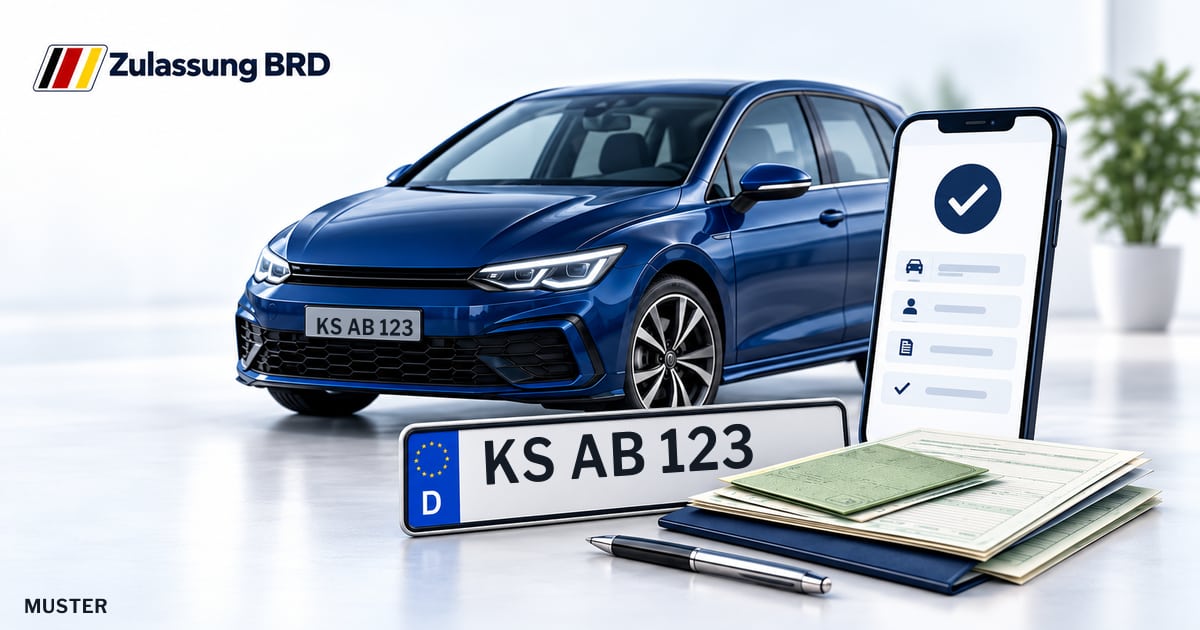 Online Fahrzeugzulassung in Lohfelden: Musterkennzeichen KS AB 123, Auto und Fahrzeugpapiere und Smartphone. Illustration mit Logo von Zulassung BRD.